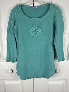 Marabou Women's Knit Top Teal Rounded Cross Size Medium